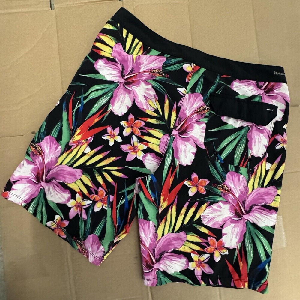 Hurley Board Shorts Men‎ 32 Black Tropical Hibiscus Phantom Floral Swim Trunks - Picture 4 of 5